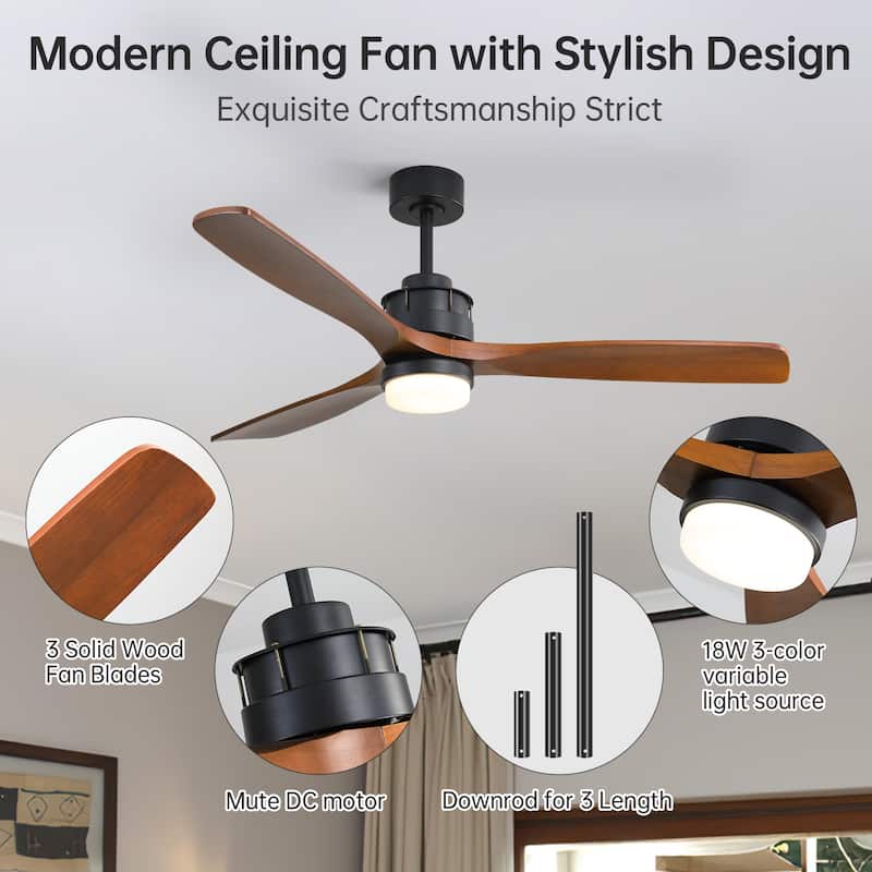 Sofucor 60Inch Ceiling Fan Solid Wood Blades with Light Remote Control,Indoor/Outdoor with Reversible DC Motor for Bedroom Patio