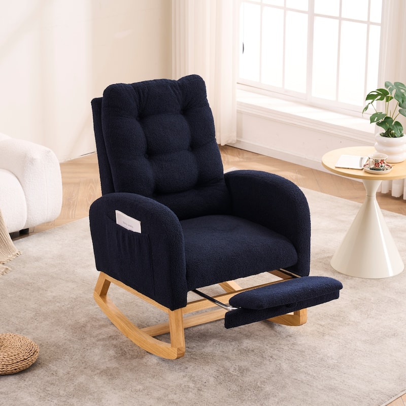 Accent Rocking Chair with Footrest & Storage Pocket, High-Back Rocker, Rubber Wood Lounge Chair