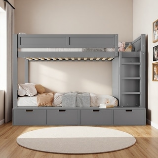 Twin over Twin Solid Wood Bunk Bed with 4 Storage Drawers, Built-in ...