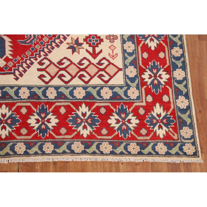 Beige / Ivory Traditional Kazak Oriental Rug Hand-Knotted Wool Carpet - 6'7" x 9'8"