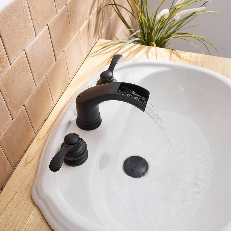 Waterfall Widespread Bathroom Sink Faucet With Drain Assembly 8 Inch Basin Vanity Faucets 3 Hole Modern Double Handle Black Taps