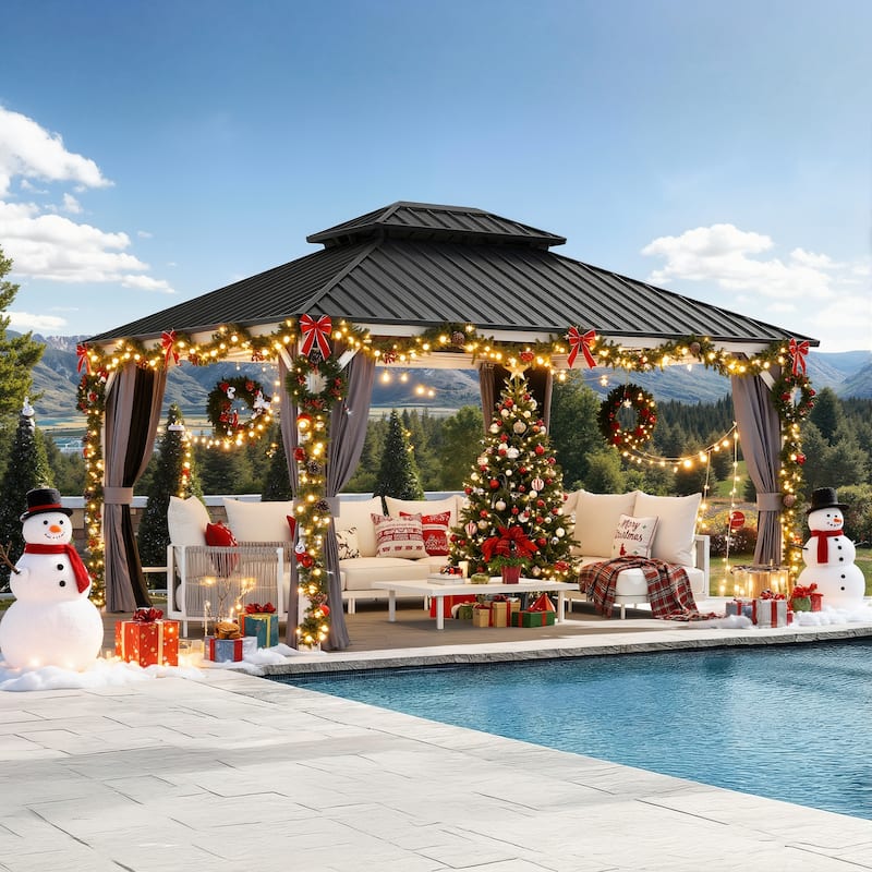 PURPLE LEAF Patio Hardtop Gazebo for Outdoor Grey Galvanized Steel Double Roof White Aluminum Poles