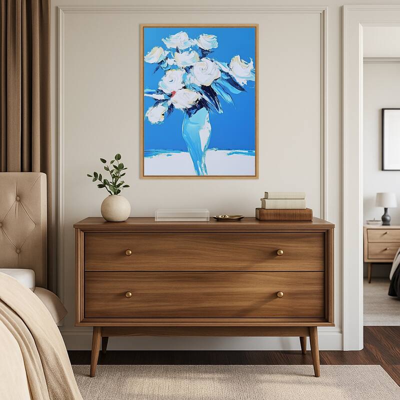 White Roses In a Blue Vase by Elena Avanesova Framed Canvas Wall Art Print
