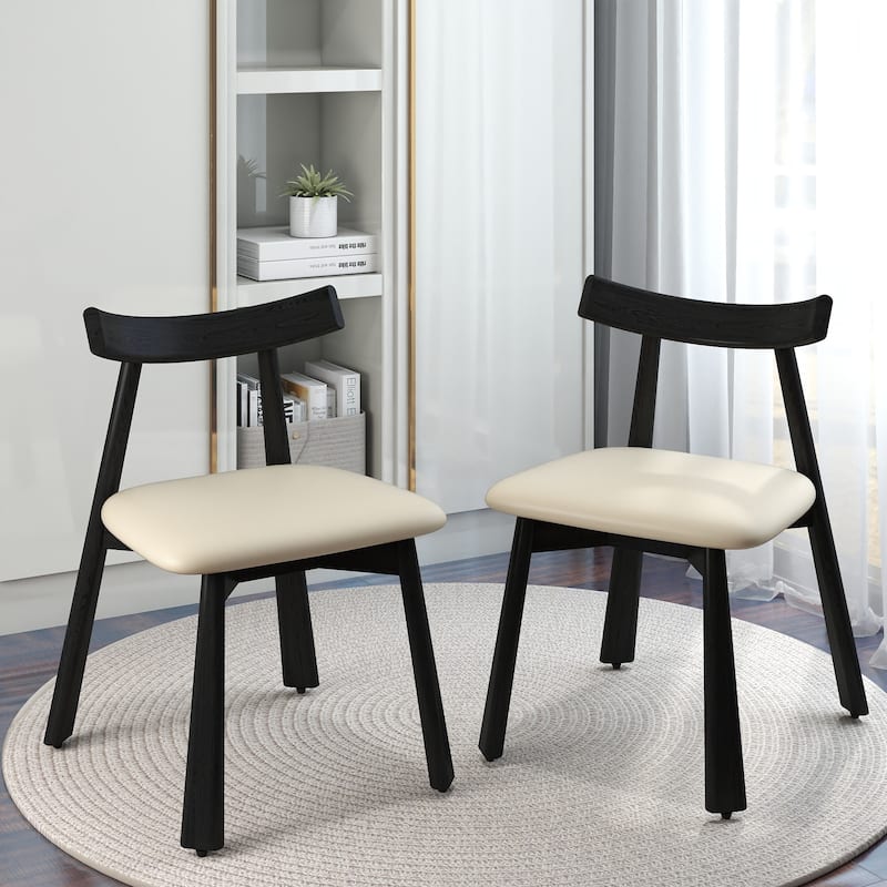 19" Modern Dining Kitchen Chairs PU Leather Seat Cushion wuth Solid Wood Legs Set of 2