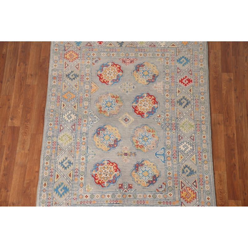 Traditional Kazak Area Rug Hand-Knotted Grey Wool Carpet - 4'0" x 5'11"