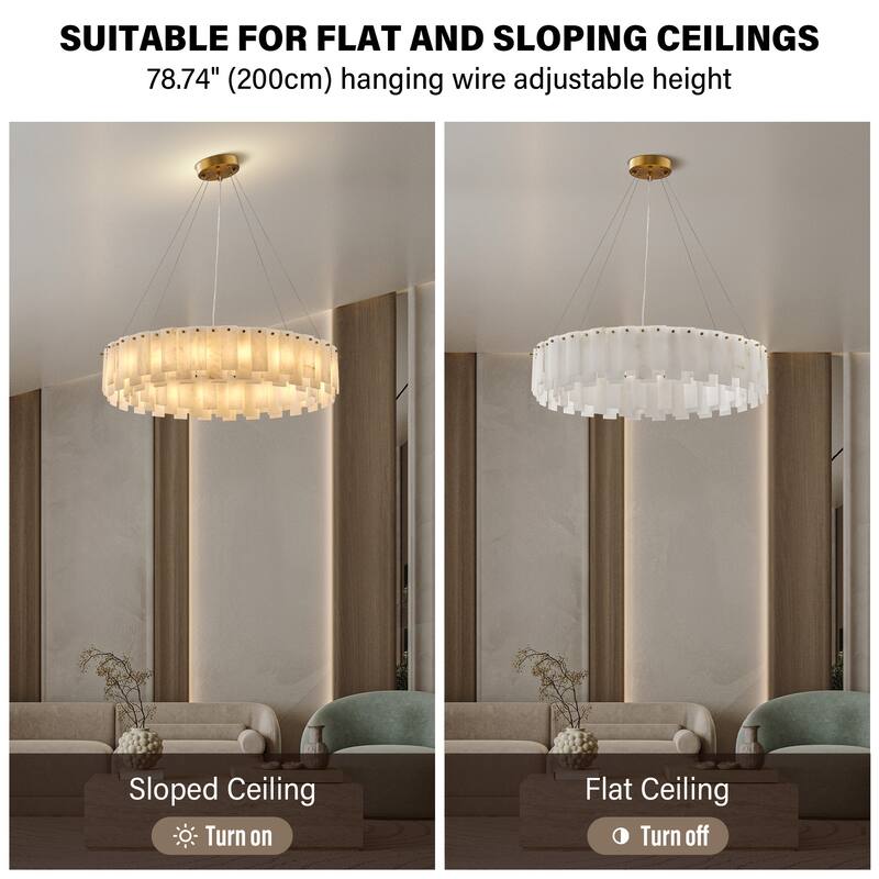 Modern Layered Alabaster Slice Chandelier, Round or Linear Pendant Light, D600-L1200 - Gold