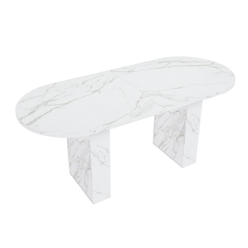 62.9 Inch Oval Dining Table for 6, Marble Top Kitchen Table with Wood Strip Base, Modern Farmhouse Dining Room Table