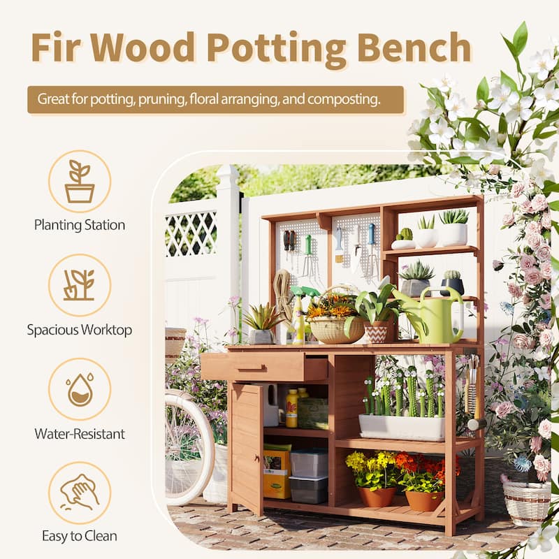 Roomfitters Fir Wood Potting Bench with Hutch, 4 Shelves, storage units, Cabinet & Pegboard Hooks, Outdoor Garden Work Table