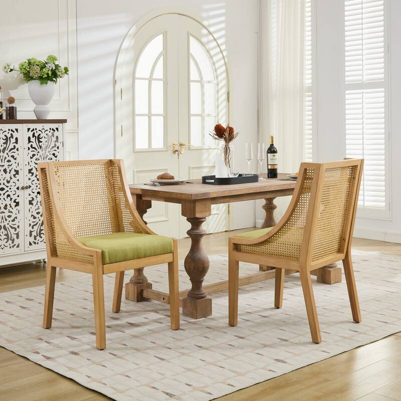 Rattan Dining Chairs, Solid Wood Frame with Decorative Armrests, Upholstered Seat, Rustic Wooden Style Side Chairs,Single Pack