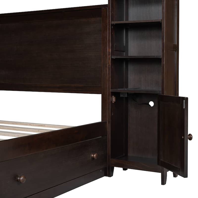 Queen Size Wooden Platform Bed with Built-in Cabinets, Shelves, and Outlets, Espresso Finish
