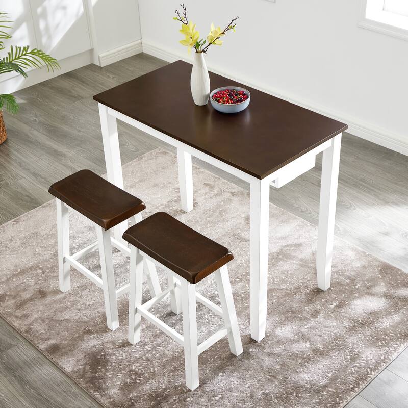 3-Piece Dining Table Set with High Bar Table and 2 Stools, Wood Bar Table and Chairs Set for Dining Room - Dark Coffee,White