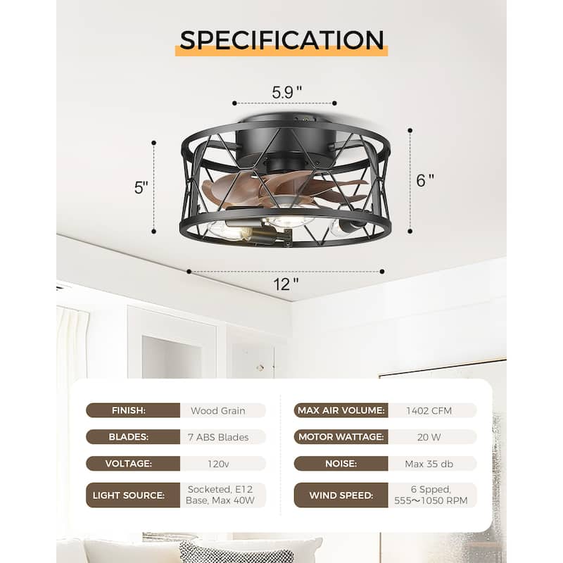 12 Inch Farmhouse Caged Ceiling Fan with Remote Control - 12 Inches