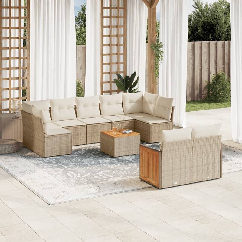 vidaXL Patio Sofa Set with Cushions Outdoor Conversation Furniture Poly Rattan - Beige and Cream-With table - 21.7 x 21.7 x 14.6