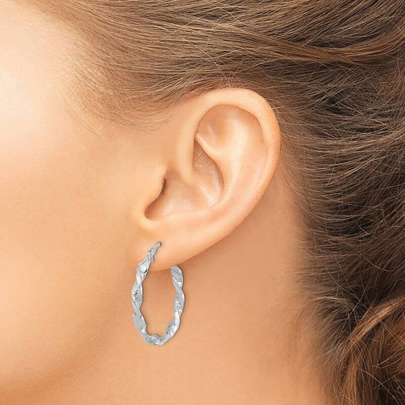 Curata 14k White Gold Polished and Textured 27.8x3mm Twisted Hoop Earrings