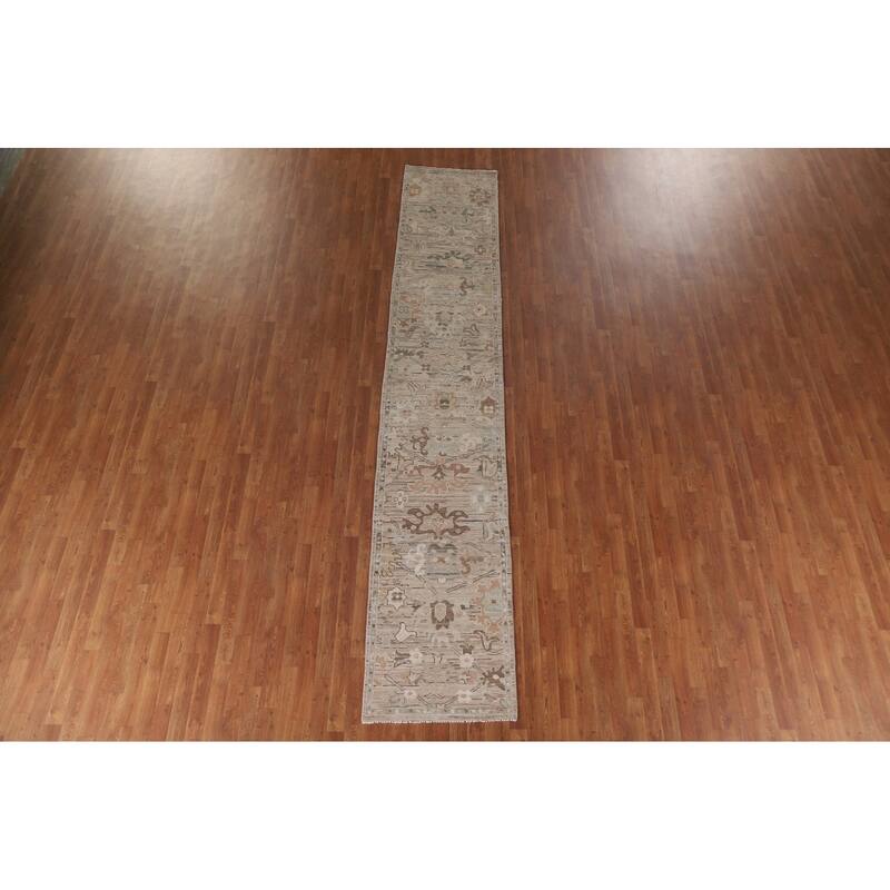 Hand Knotted Oriental 100% Wool Carpet Transitional All-Over Beige & Ivories Oushak Runner Rug - 13' 4'' X 2' 5''
