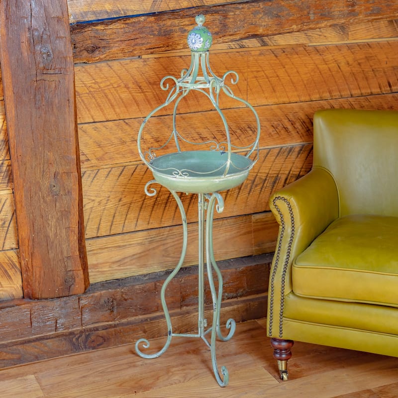 45 Inch Tall Standing Green Iron Birdbath with Ceramic Sailor Ball - 14.57x14.57x44.88 - Green