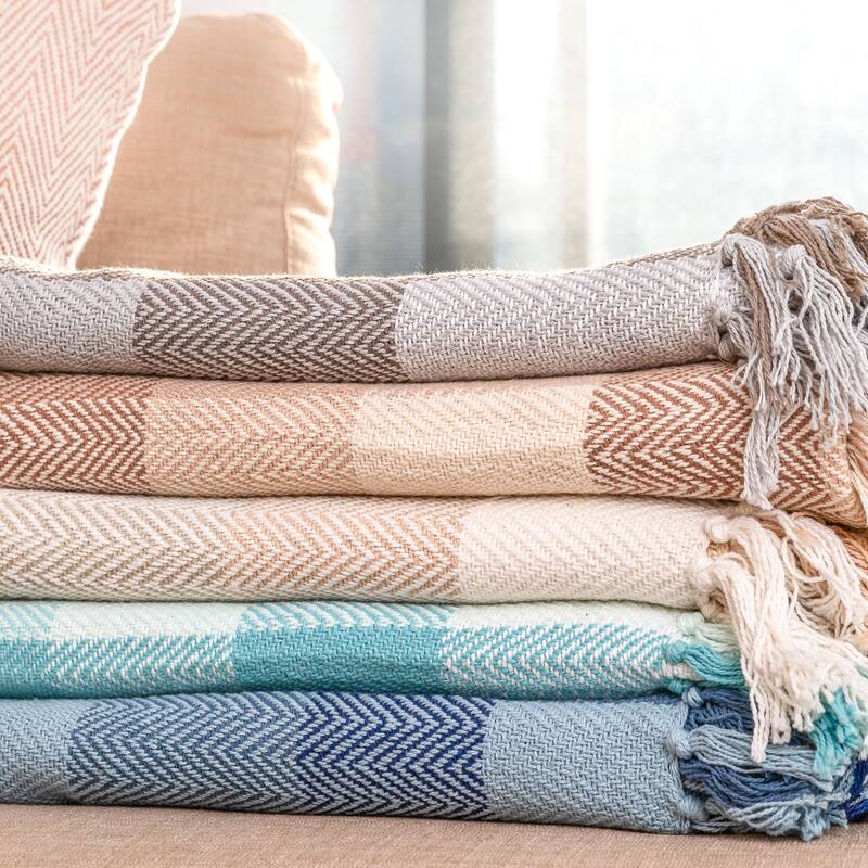 Fabstyles Herringbone Checkered Cotton Throw Blanket with Fringes