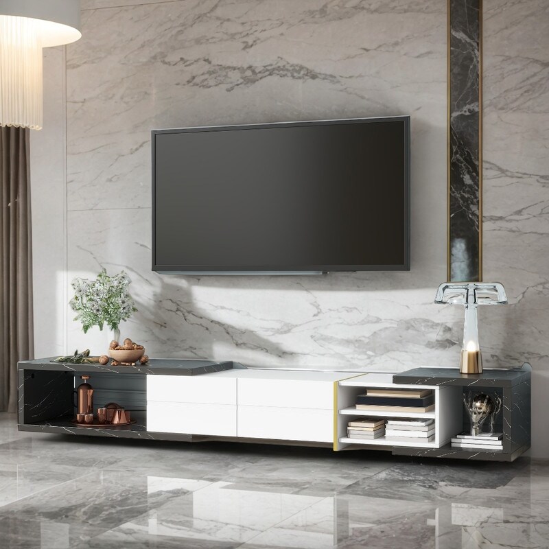 Extendable TV Stand for 100 TVs Black White Media Console with Marble Pattern