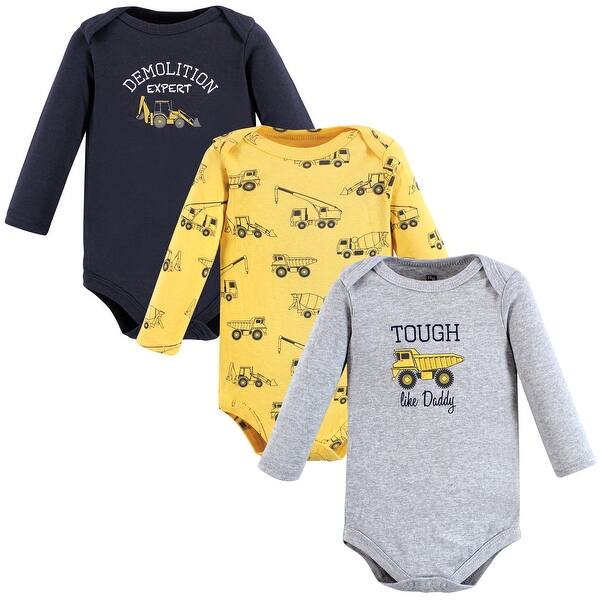 slide 1 of 1, Hudson Baby Infant Boy Cotton Long-Sleeve Bodysuits, Construction 3-Pack 0-3 Months - Construction 3-Pack