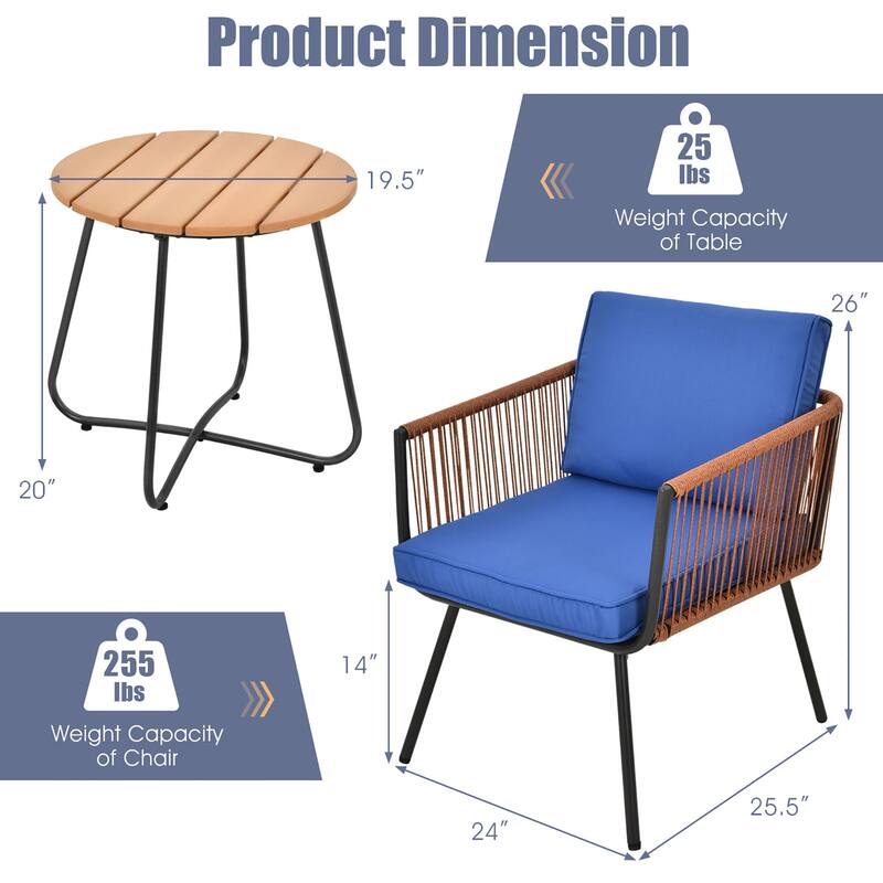 3PCS Patio Bistro Set Outdoor Conversation Chair Set with Coffee Table - 3-Pieces