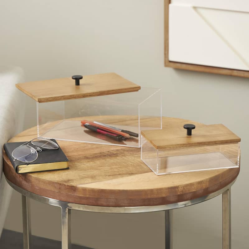 Acrylic Plastic Box with Brown Wooden Lids and Black Knobs - Set of 2 - Roche River Decor
