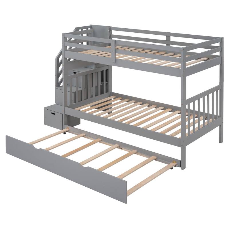 Twin over Twin/Full Bunk Bed with Trundle, Solid Wood Staircase Bunk Bed with Storage Drawers, No Box Spring Needed