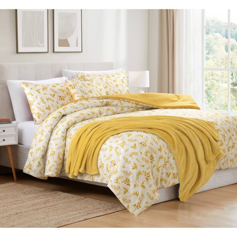 Taylor Floral Leaves Yellow Comforter Set with Plush Throw