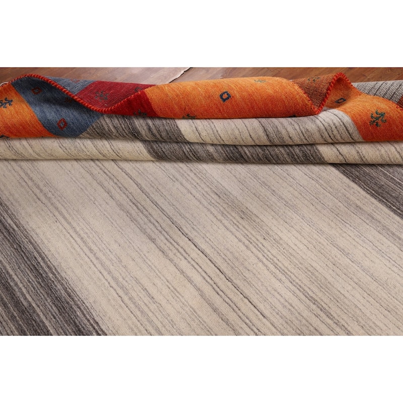 Modern Gabbeh Oriental Area Rug Hand-Knotted Beige Wool Carpet - 8'5" x 9'9"