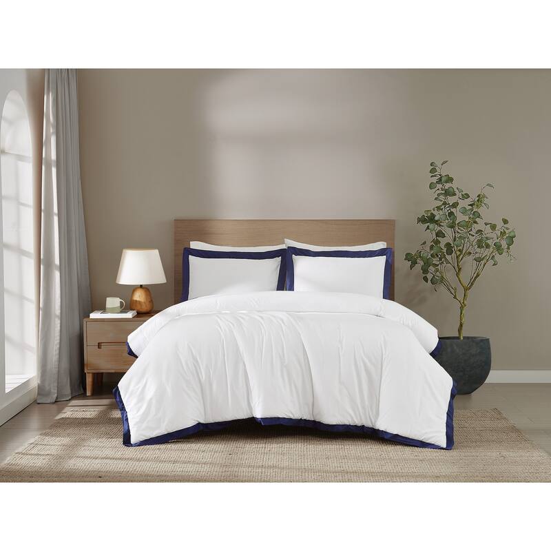 Brooklyn Loom Cotton Hotel Border 3 Piece Comforter Set - King - White/Navy