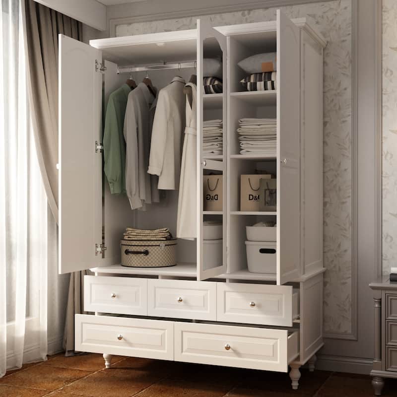 70.9"H Lacquered Wardrobe Armoires Wooden Closet with Mirror Door