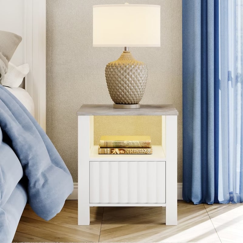 End Side Table with LED Light, White Nightstand with Storage(Set of 2)