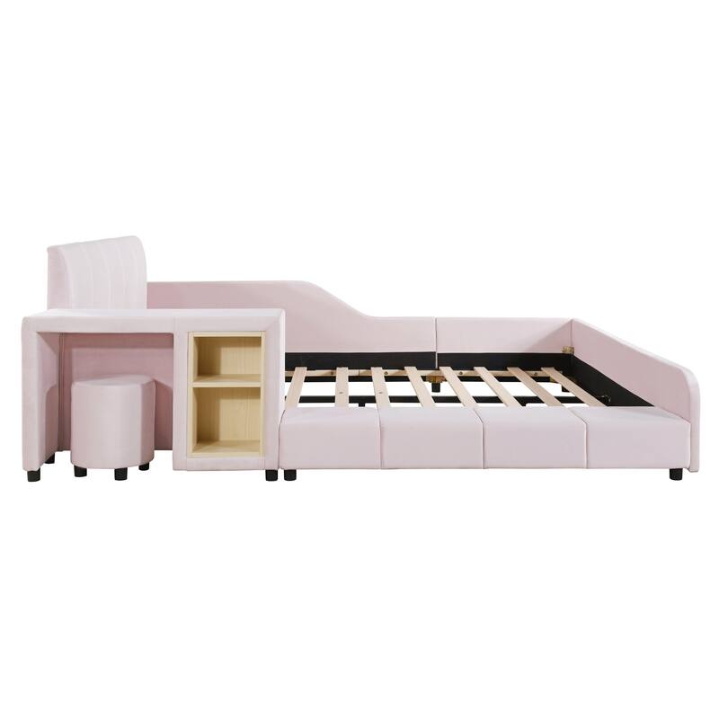 Full Size Upholstered Grounded Bed, Mother & Child Bed with Bedside Desk and Little Round Stool