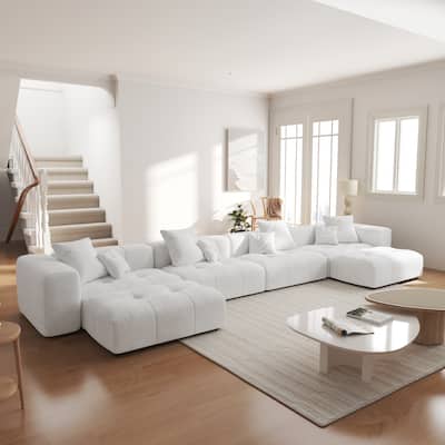 183.54" Linen Sectional Sofa U-shaped Modular Couch Wide Armrest Sofa with Pillows for Living Room