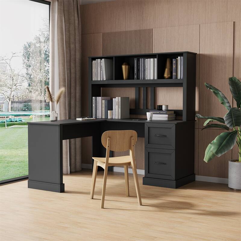 Large Home Office L-Shape Computer Study Desk with 2 Drawers, Shelf - Black