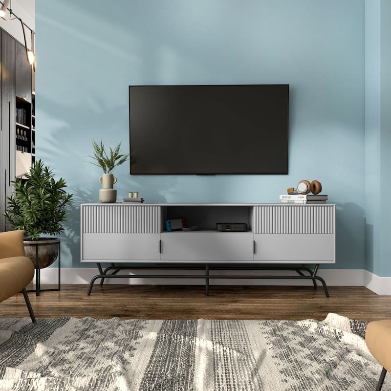 DH BASIC Modern 60-inch 3-Drawer Media Cabinet TV Stand with Cable Hole by Denhour - Grey Pure/Black