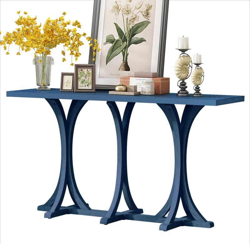 Wooden Console Table, Farmhouse Entryway Table with Oak Veneer Top and Rubberwood Curved Legs