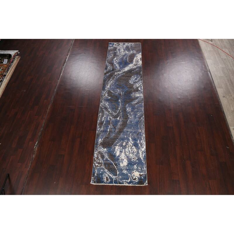 Wool/ Silk Vegetable Dye Modern Abstract Oriental Runner Rug Handmade - 3'0" x 12'3"