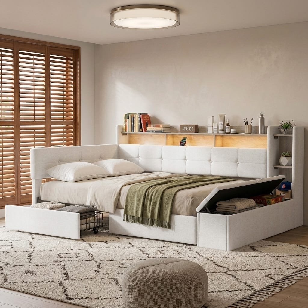 Tufted Upholstered Daybed with 2 Drawers, LED Shelves & Charging Station by Harper&Bright Designs
