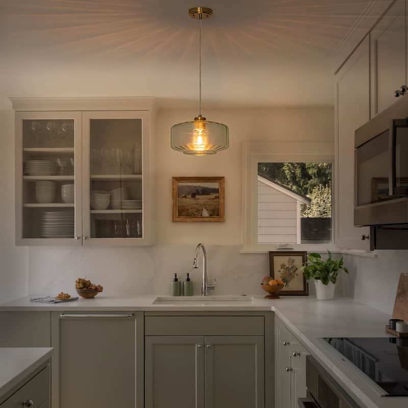Mid-century Modern 1-Light Lantern Glass Pendant Light with Green Ribbed Glass Shade for Kitchen Island, Dining Room