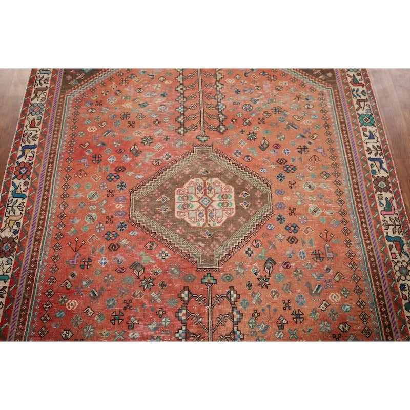 Tribal Geometric Shiraz Persian Vintage Rug Hand-Knotted Wool Carpet - 5'1" x 7'2"