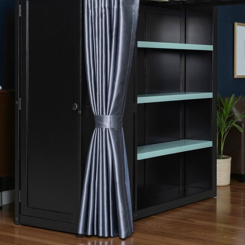 Full Size Loft Bed with Wardrobe, Desk, Shelves, Blackout Curtains & RGB Lights, Workstation with USB Port