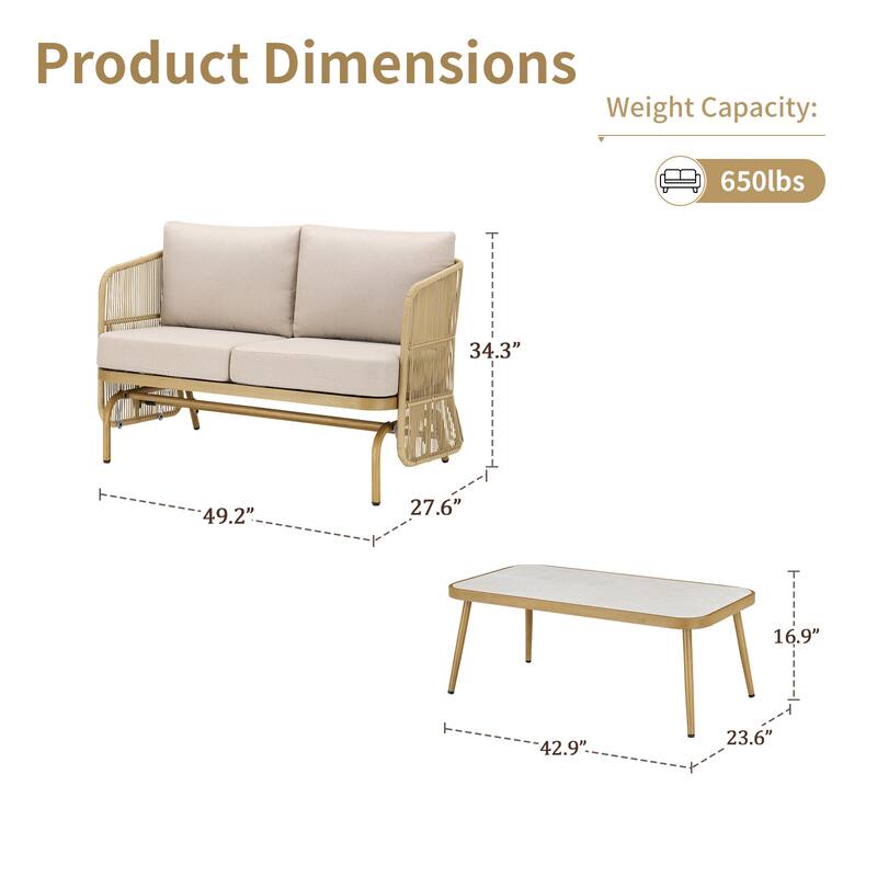 Pocassy Patio 2-Seat Sofa Glider Chair with Coffee Table