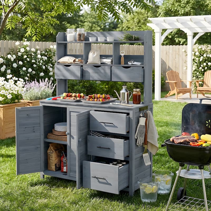 Roomfitters Garden Potting Bench with Storage Hutch, Outdoor Potting Table with 6 Drawers and Cabinets, Shelves