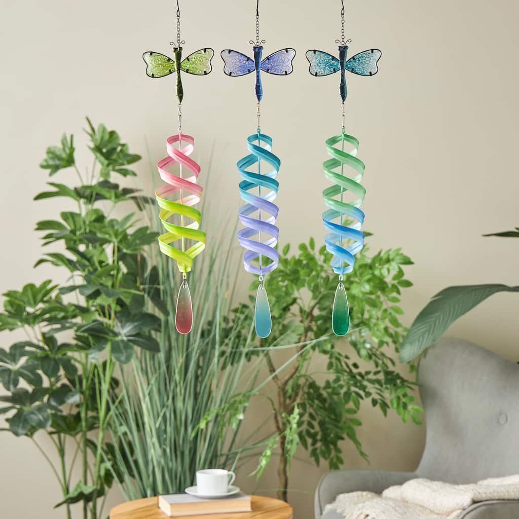 Multi Colored Metal Swirl Wind Spinner Dragonfly Windchime with Dangling Charms (Set of 2 or 3)