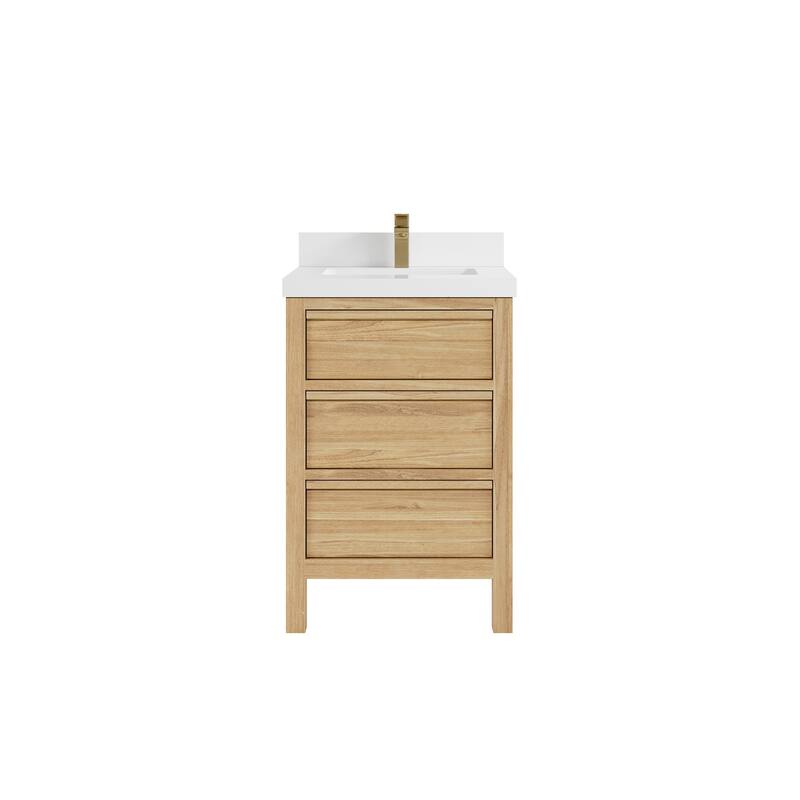 Willow Collections 24 x 22 Elizabeth Teak Single Bowl Sink Bathroom Vanity with Quartz or Marble Countertop - 2" White Quartz