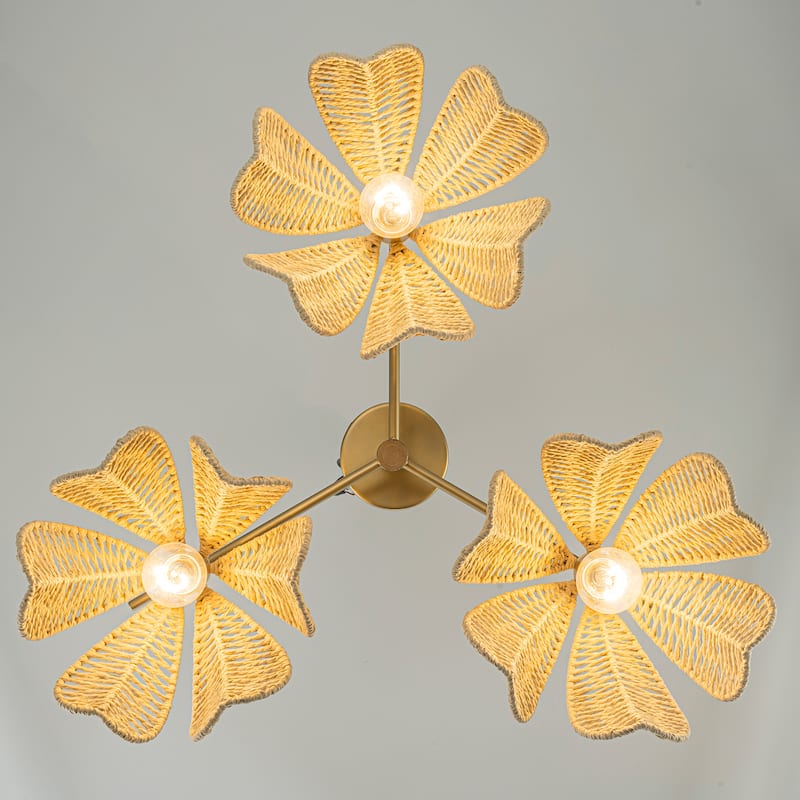 Cali 3-Light Rattan Floral Semi Flush Mount, Coastal Boho - Handwoven - 20 in. Wide