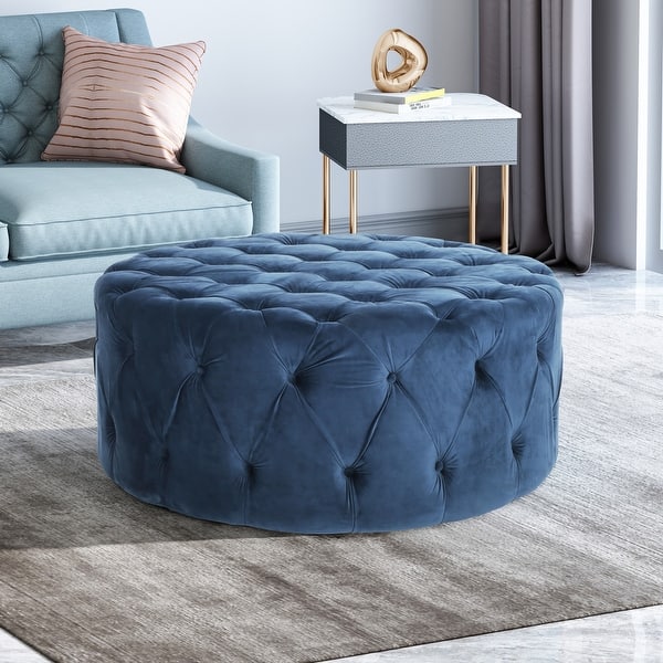 slide 2 of 18, Orla Modern Glam Round Tufted Velvet Ottoman by Christopher Knight Home
