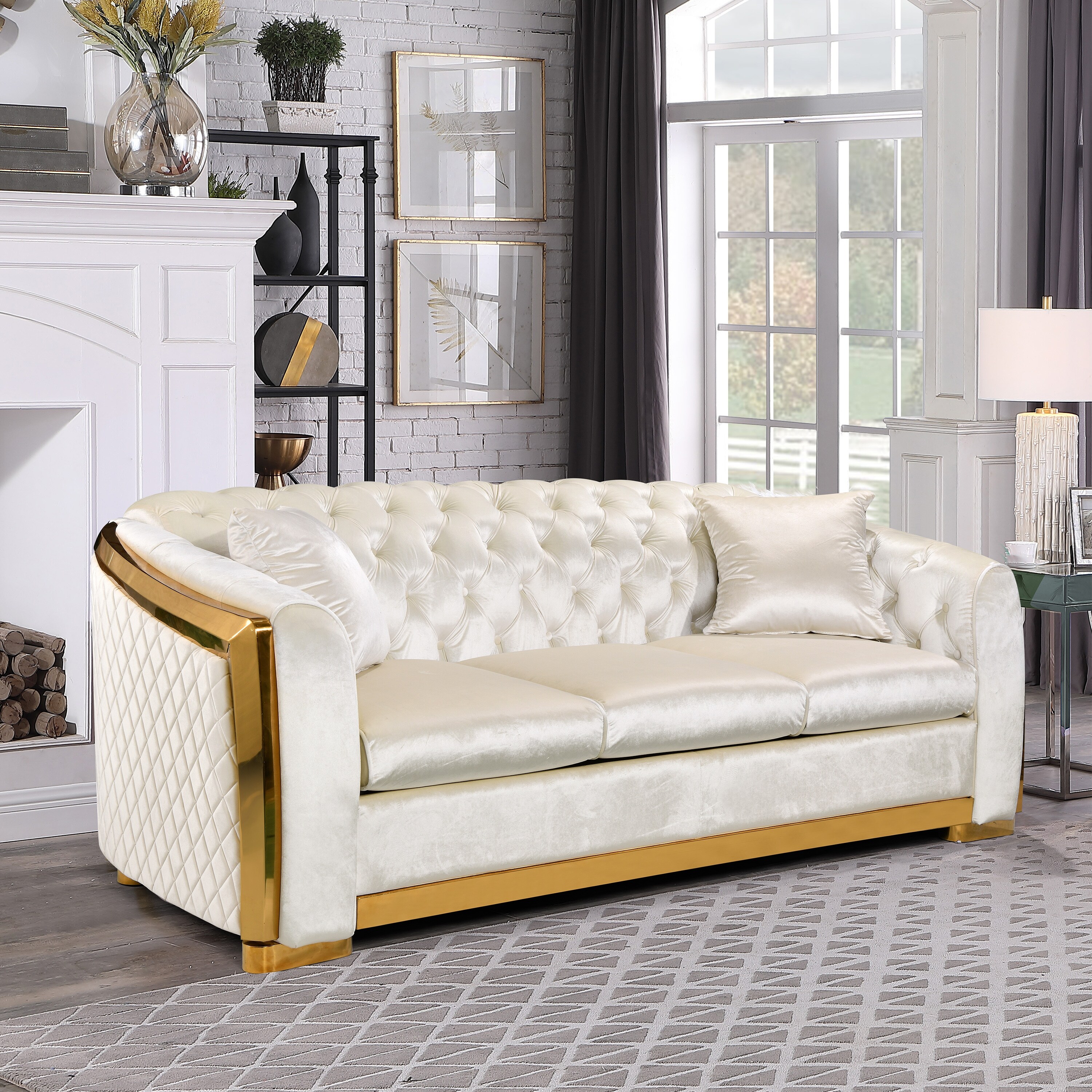 Living Room Gold Trim Settee Luxury Velvet 3 seat Beige Sofa Chesterfield Tufted Loveseat Couch w Rolled Arms and Tufted Back Bed Bath Beyond 39514555