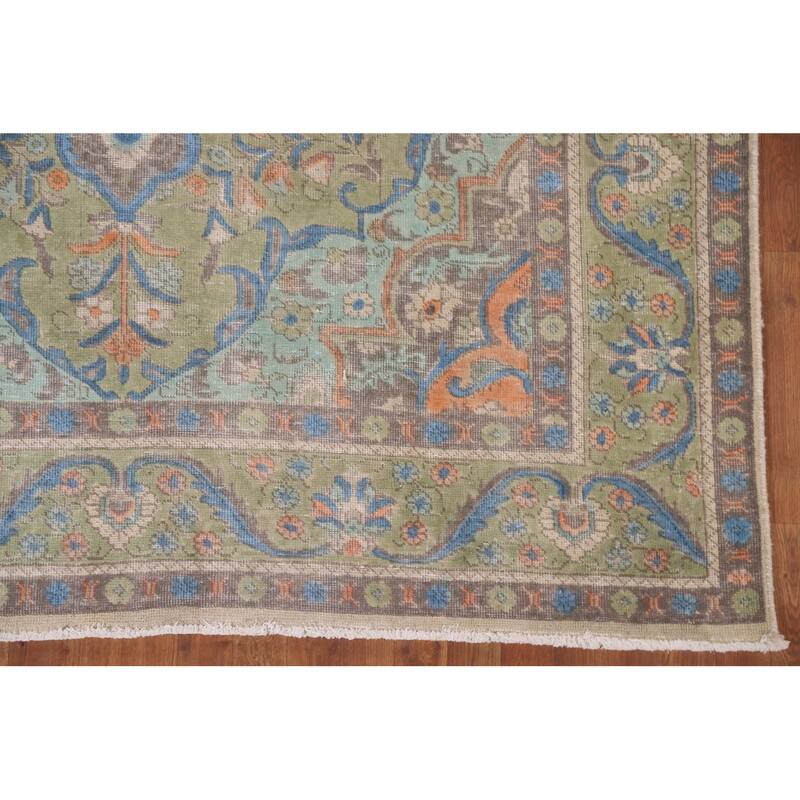 Hand Knotted Oriental 100% Wool Carpet Traditional Medallion Green Tabriz Area Rug - 9' 5'' X 6' 7''