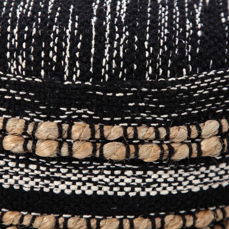 18" Black and White Boho Striped Handcrafted Round Pouf Ottoman